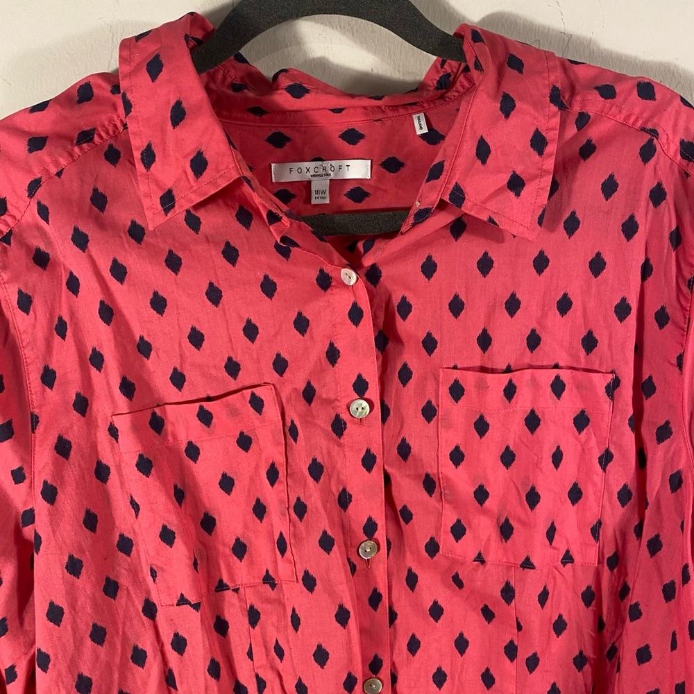Foxcroft 100% Cotton Coral and Navy Diamond Blouse Sz 18W